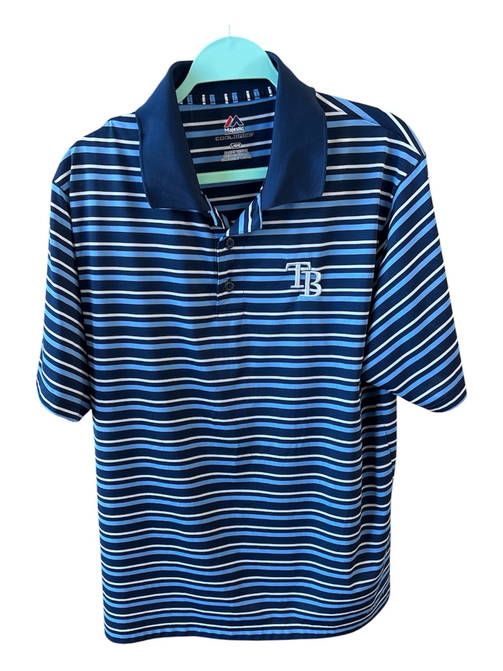 Tampa Bay Rays Baseball Majestic Navy & Light Blue Striped Polo with TB Logo